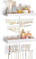 Keebofly Wall Mounted Jewelry Organizer with 2 Tired Shelves & Ring Holder- Jewelry Holder Wall Storage Display for Earrings, Necklace, Bracelet, Hair Accessories for girls in Bathroom Bedroom, White