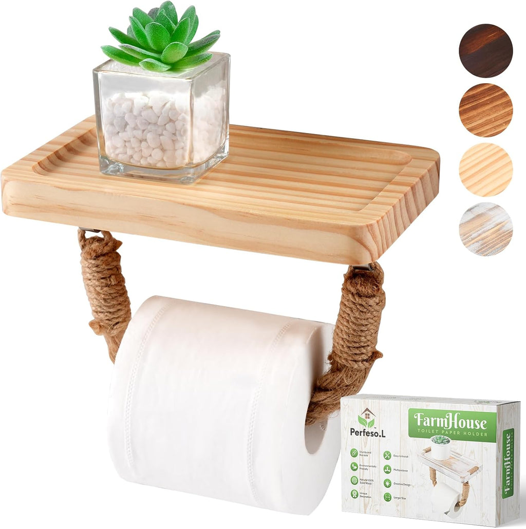 Farmhouse Toilet Paper Holder with Wood Shelf Rope Bathroom Decor