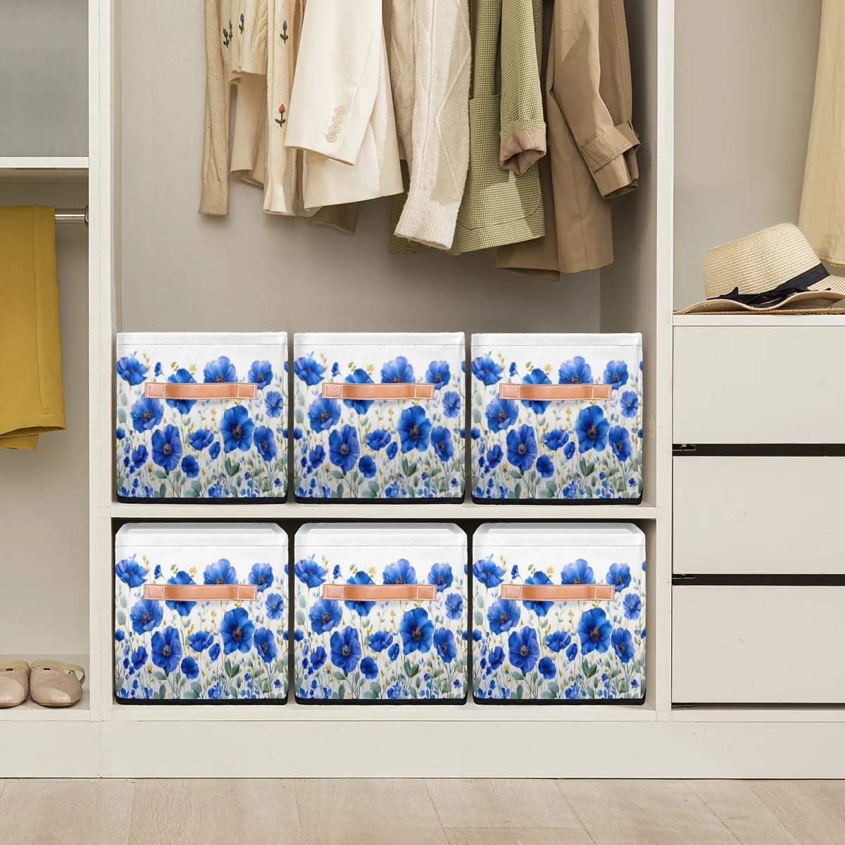 11 Inch Fabric Storage Cube with Handles, Navy Blue Flower Collapsible Storage Basket for Shelves, Square Storage Bin Canvas Closet Organizer for Decor