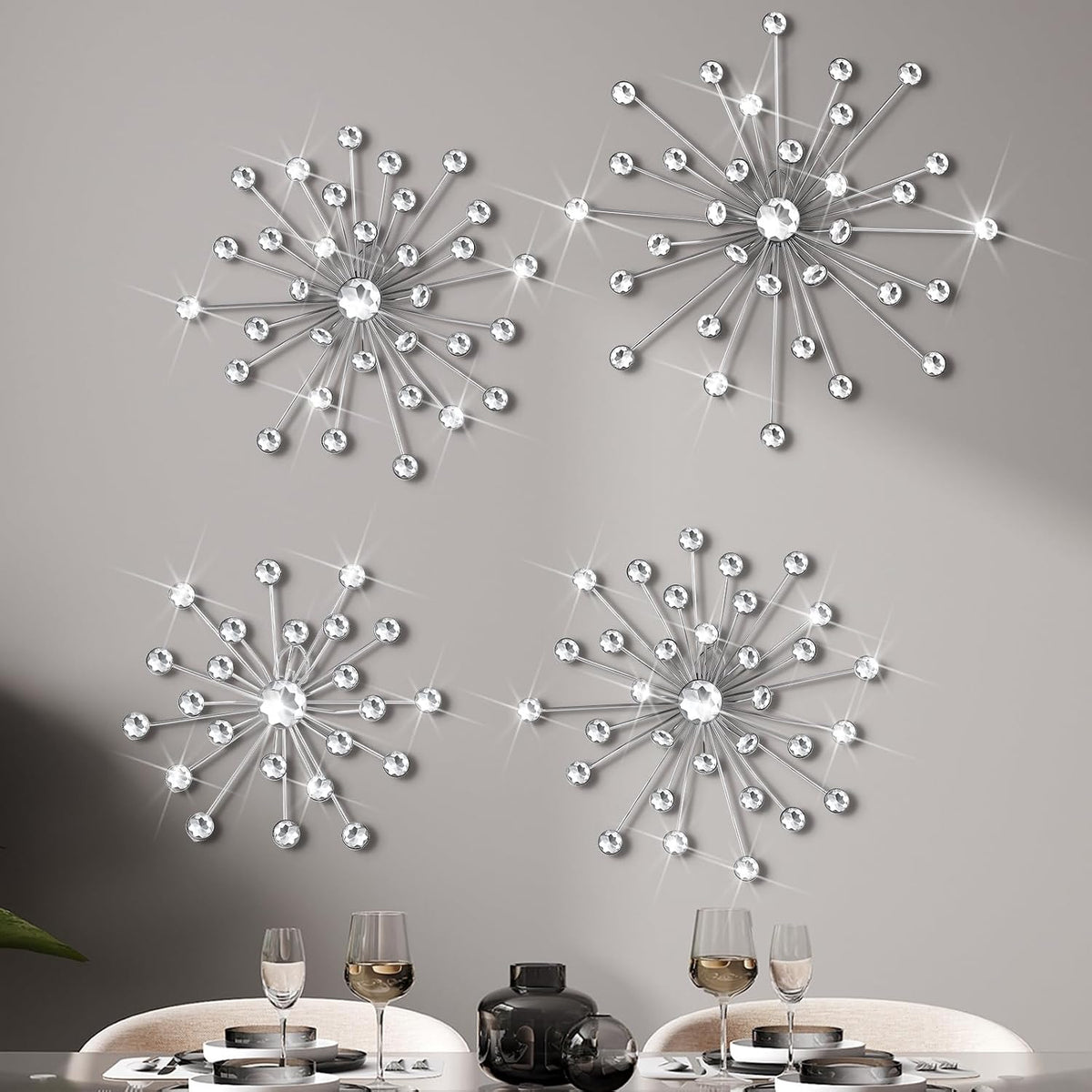Funnymoom 4 Pcs Silver Starburst Wall Decor Metal Wall Art Rhinestone