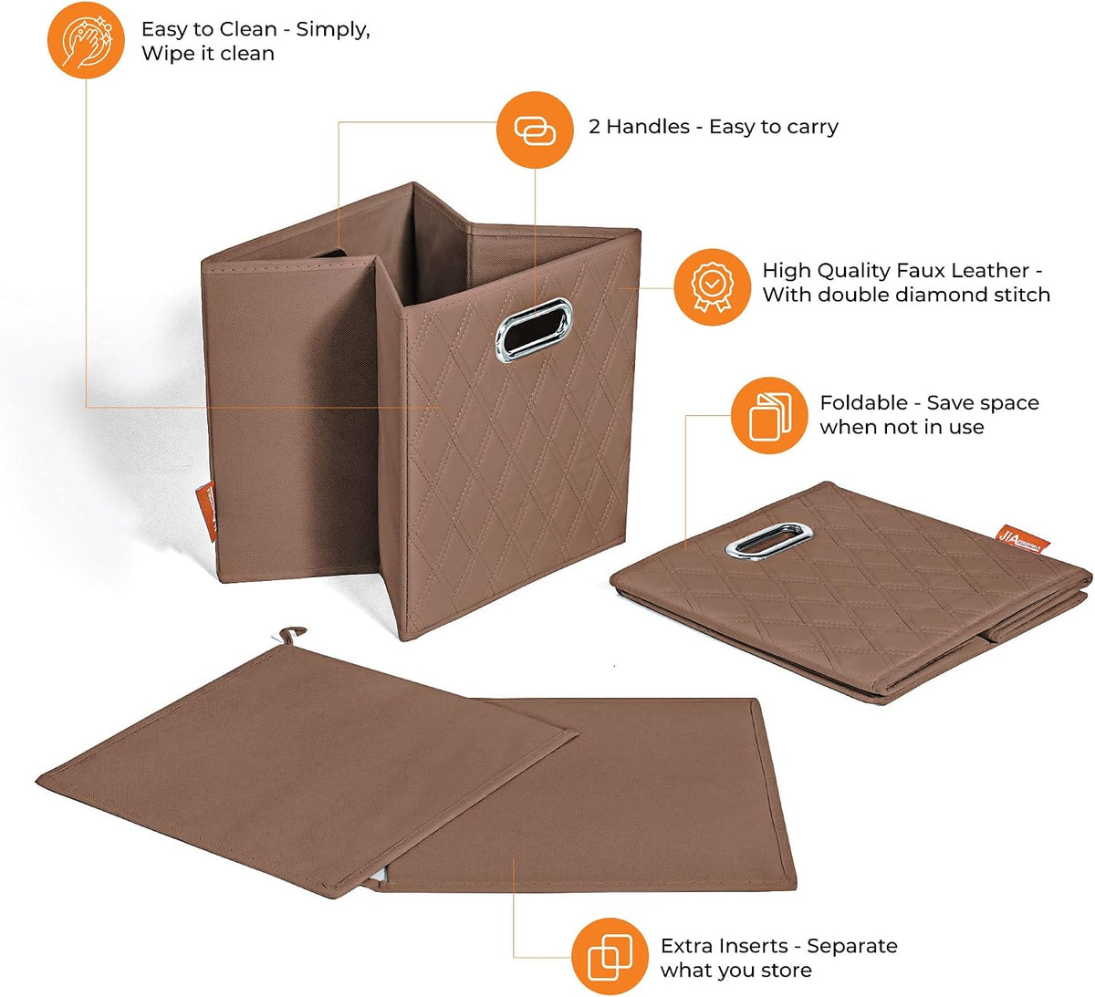FH Group JIAessentials 13" Faux Leather Foldable Storage Cube Bins Set of 2 – Brown Diamond Patterned Organizers with Handles for Closet & Shelves