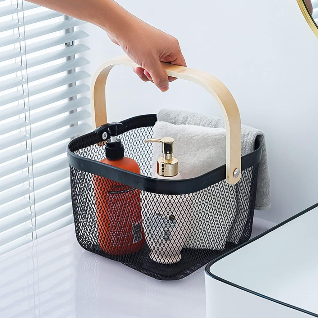 Mesh Steel Storage Organizer Basket Fruit Basket Bin with Wood Handle Ideal for Kitchen Bathroom Picnic Baskets Pantry Cabinets Storage Home Decor (Nebula Green)