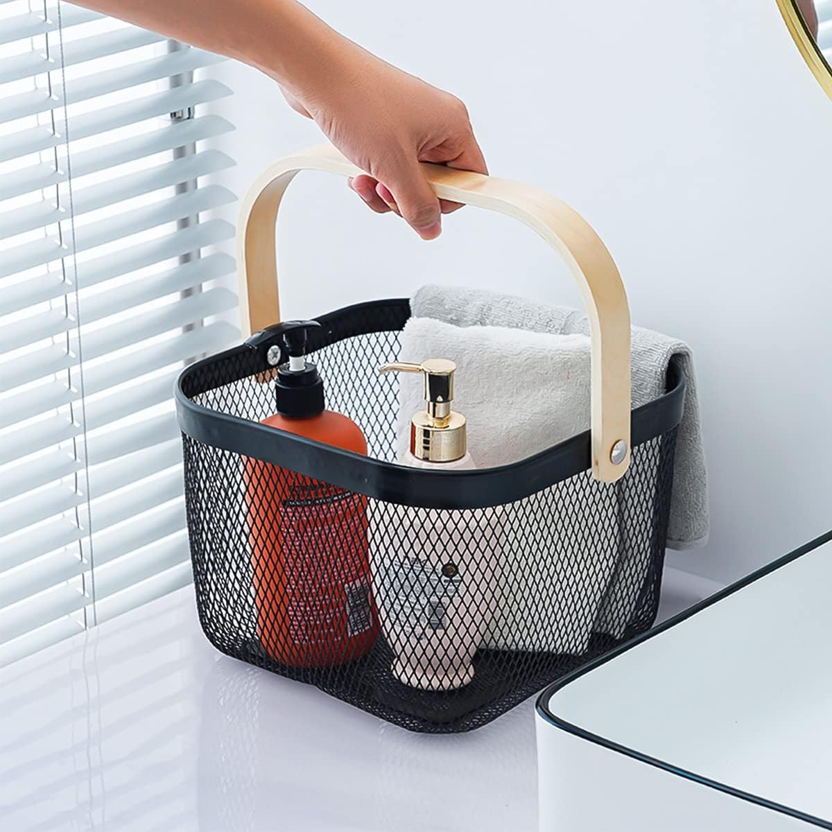 Mesh Steel Storage Organizer Basket Fruit Basket Bin with Wood Handle Ideal for Kitchen Bathroom Picnic Baskets Pantry Cabinets Storage Home Decor (Nebula Green)