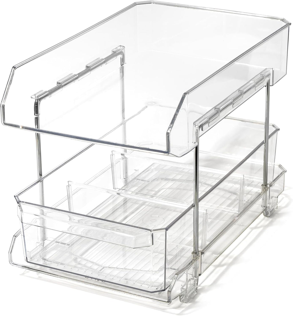 BINO 2 Tier Clear Storage Organizer with Dividers | Bottom Slide Out Drawer for Under Sink, Medicine Cabinet | Bathroom Closet, Vanity, Pantry Organizer | Under Cabinet Storage for Bathroom & Kitchen