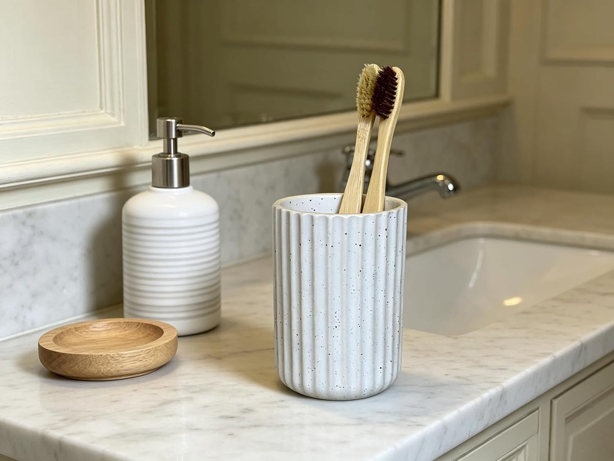 Stoneware Toothbrush Holder for Bathroom Tooth Brush Holder for Bathroom Toothbrush Cup Toothbrush Holders Cute Fluted Vertical Ribbed Stripe (Speckled White)