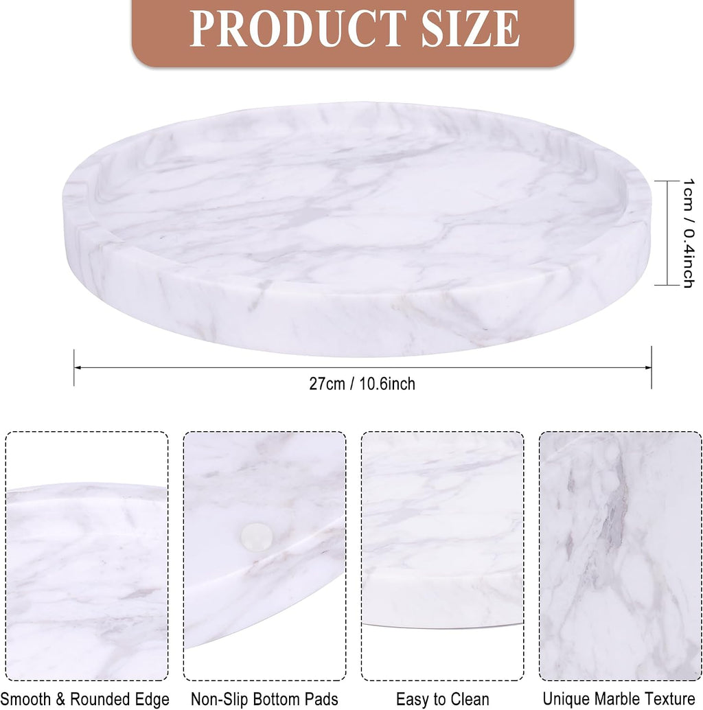 Natural Marble Decorative Tray for Bathroom Bedroom Kitchen Dresser, Large 10.6" Round Vanity Trays for Jewelry, Perfume, Cosmetic, Candle, Countertop Storage Organizer for Home Decor (WH037)