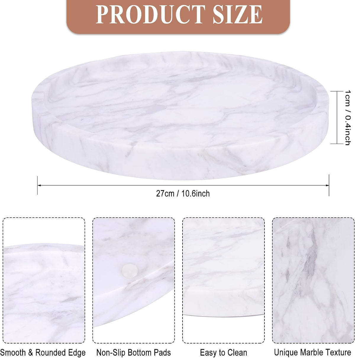 Natural Marble Decorative Tray for Bathroom Bedroom Kitchen Dresser, Large 10.6" Round Vanity Trays for Jewelry, Perfume, Cosmetic, Candle, Countertop Storage Organizer for Home Decor (WH037)