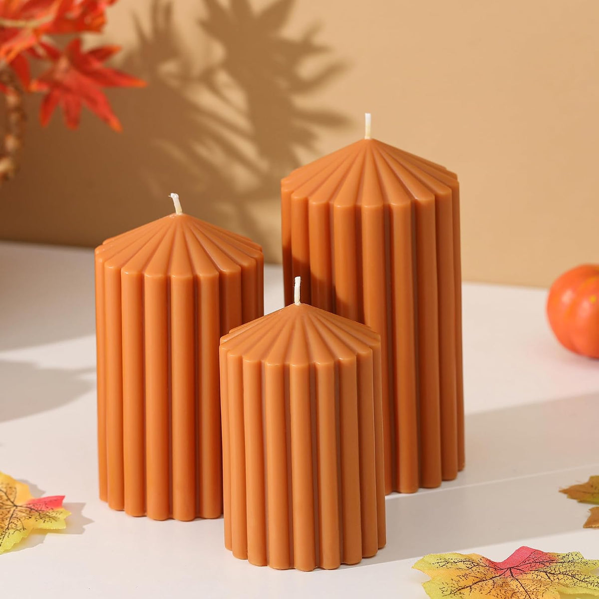 Brown Pillar Candles Set of 3, Fall Thanksgiving Candle Decor