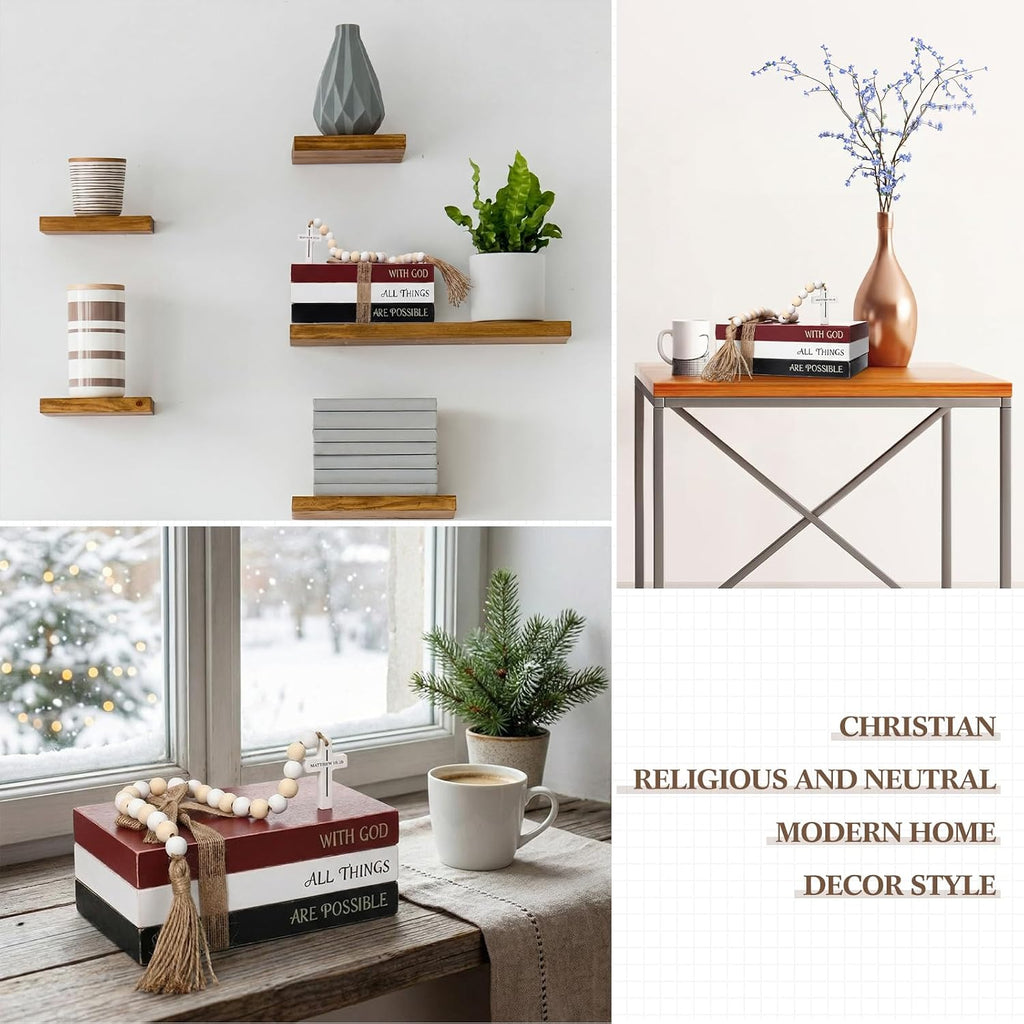Tatuo 4 Pcs Wooden Farmhouse Decorative Books for Home Decor Coffee Table Faux Books for Decoration White Fake Decorative Stacked Display Set with Beads Garland Shelf Living Room Decor (Christian)
