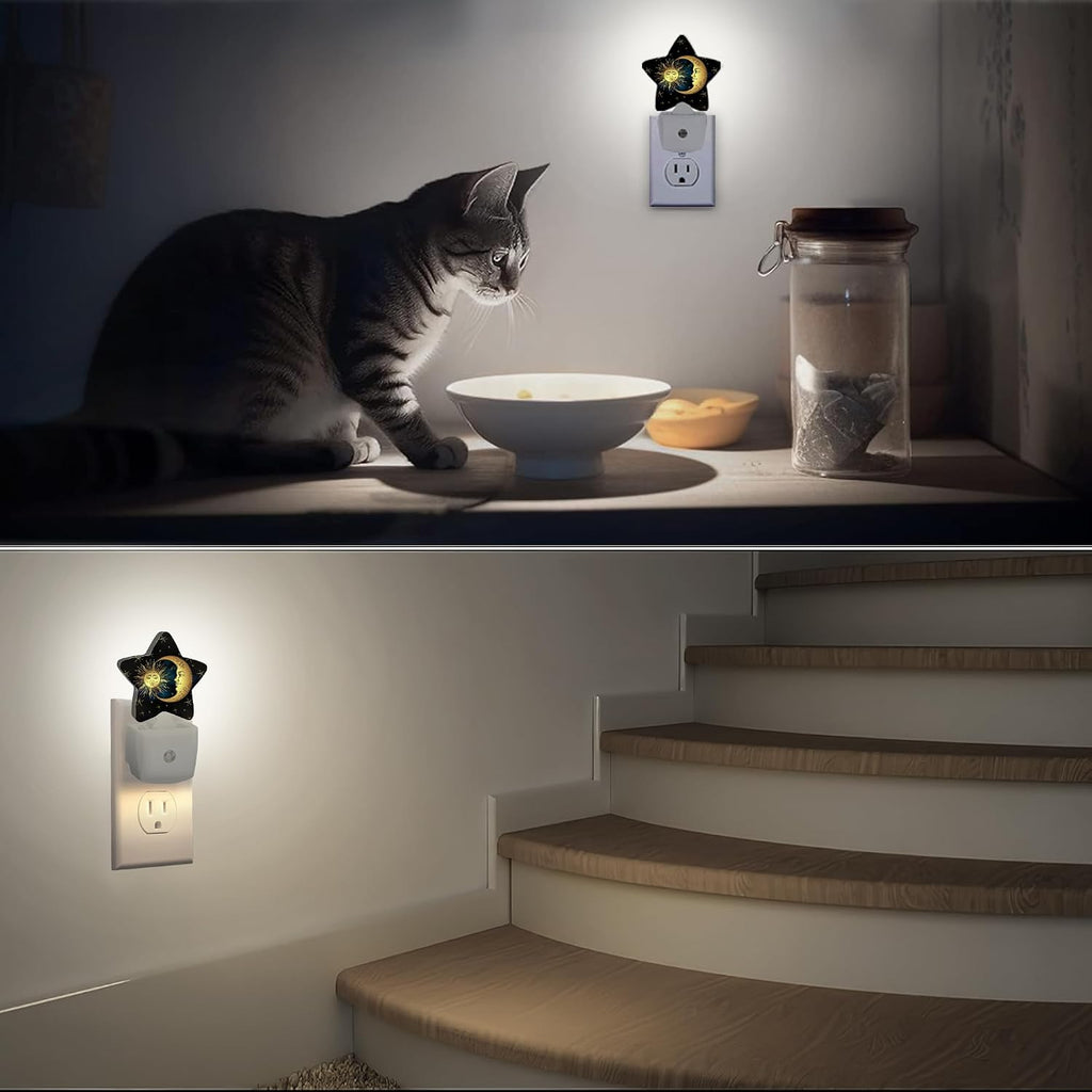Celestial Moon Golden Sun Night Light Plug-in Dusk to Dawn Smart Sensor White Led Nightlight for Bedroom Bathroom Kitchen Hallway Stairs Energy Efficient Decor Desk Lamp