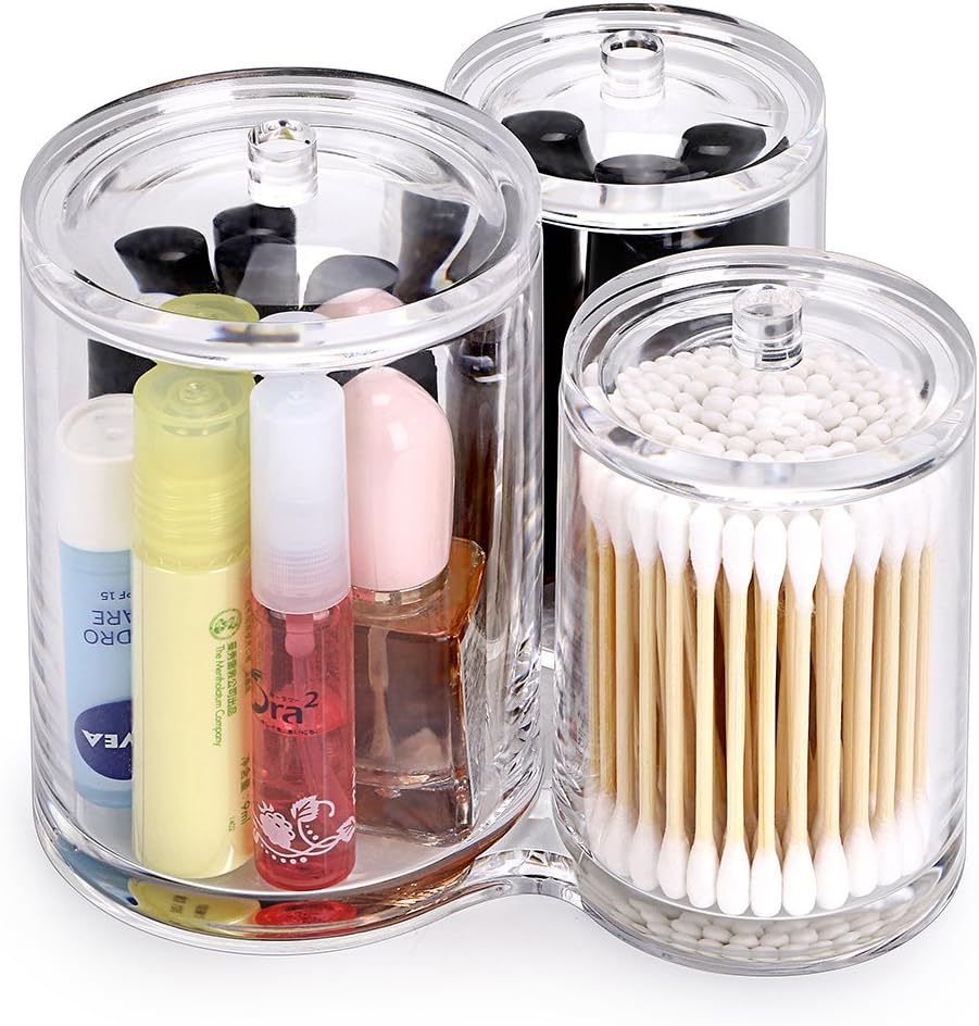 Hipiwe Clear Acrylic Cotton Swab Holder Cotton Round Container, 3 Slots