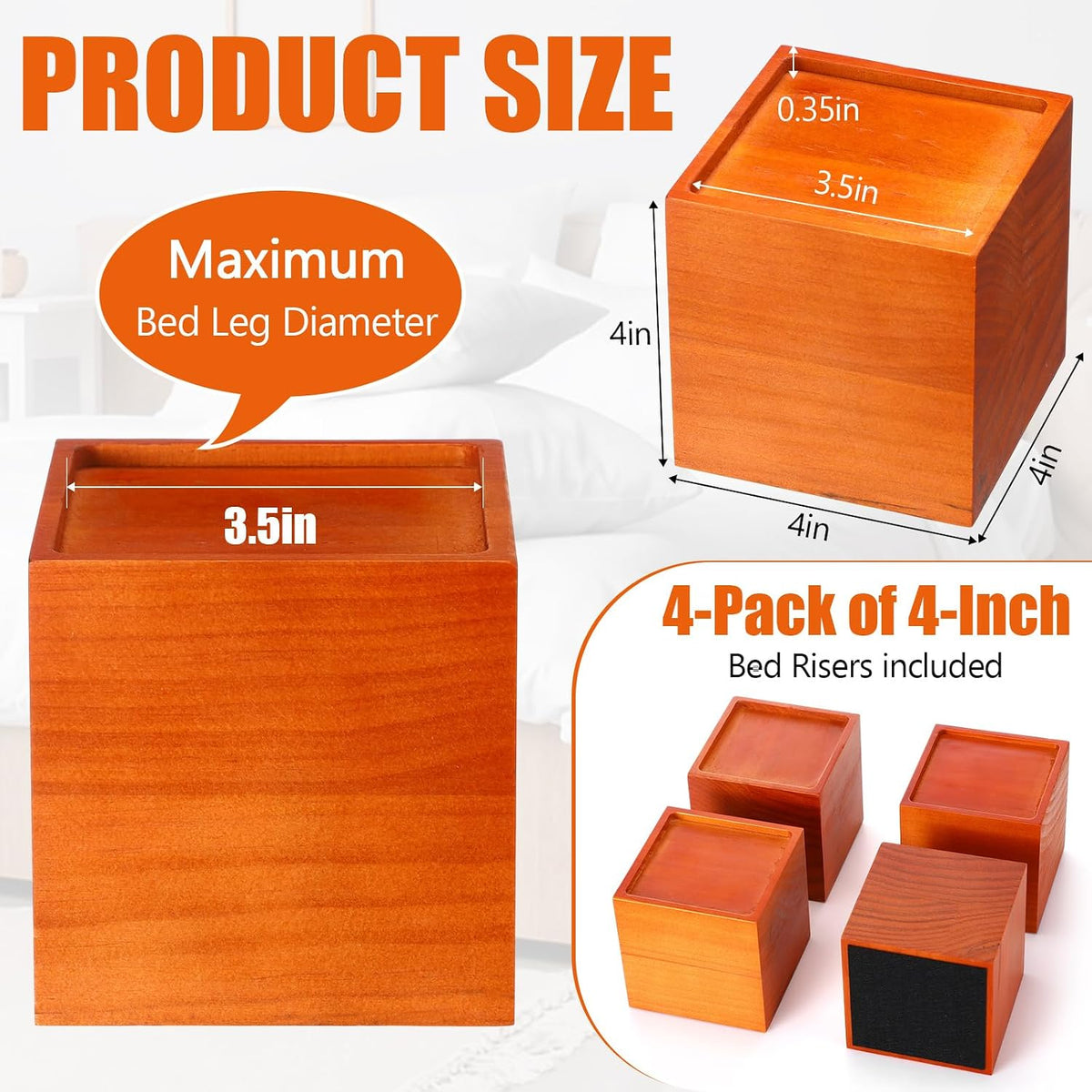 4 Pcs 4" Solid Wood Bed Furniture Riser Light Brown Couch Lifter