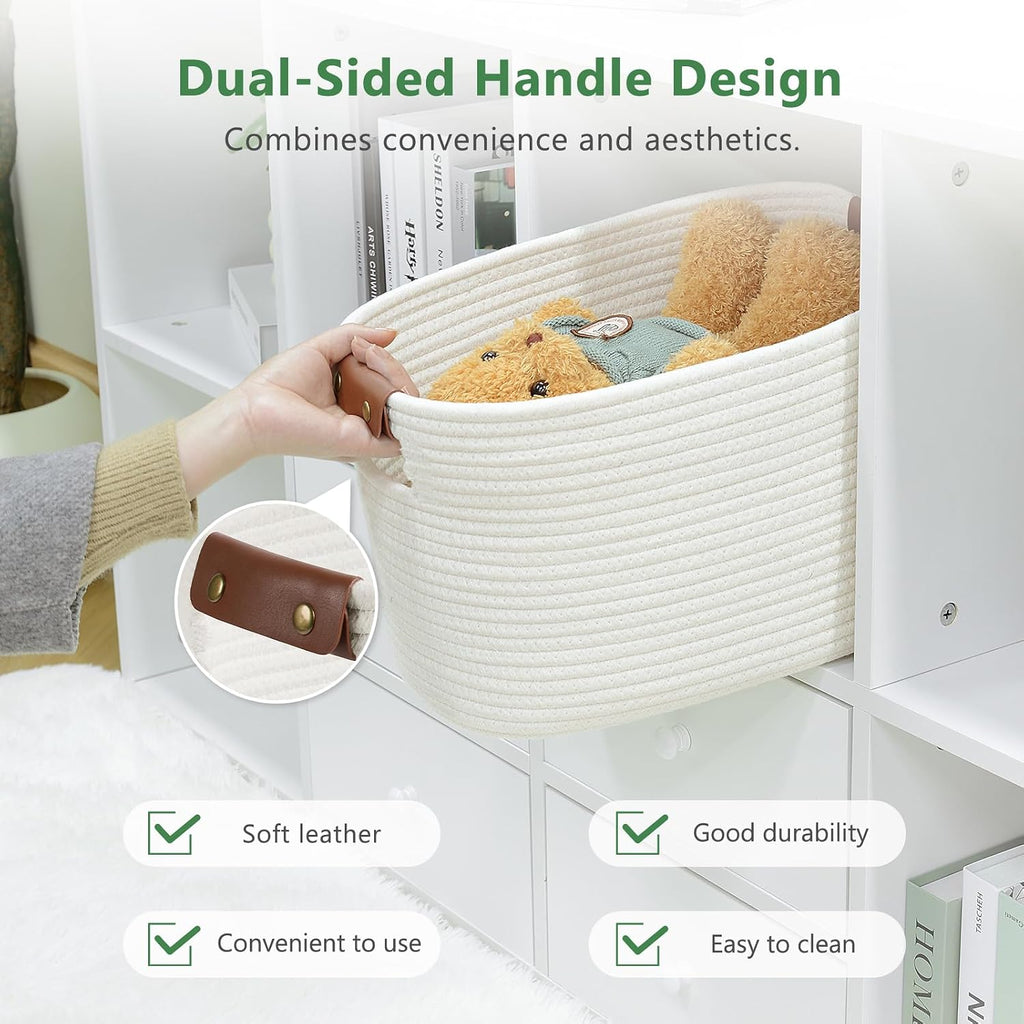 ECDYQXVU 15x10x9 Woven Cotton Rope Storage Basket, Leather Handles 2 Pack