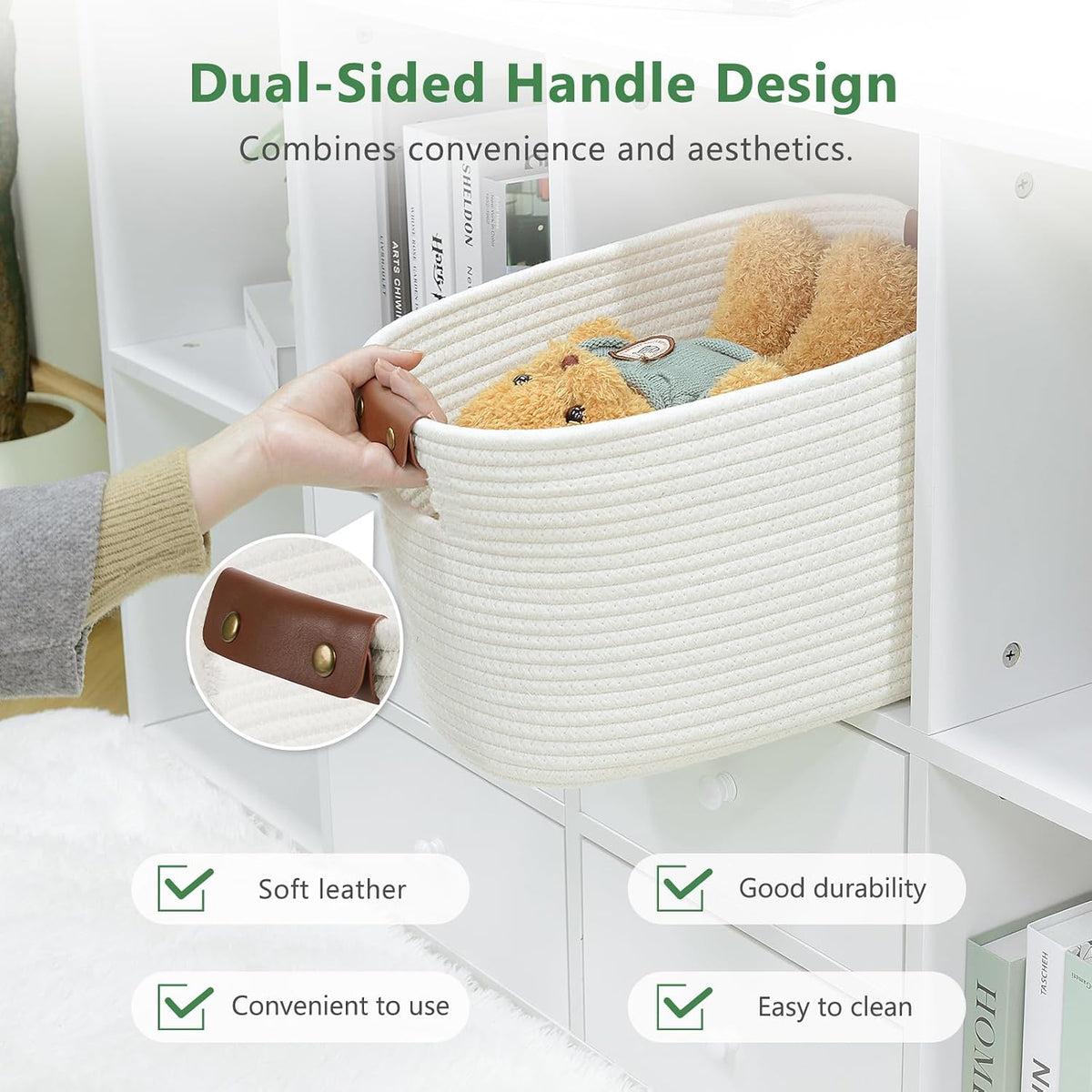 ECDYQXVU 15x10x9 Woven Cotton Rope Storage Basket, Leather Handles 2 Pack