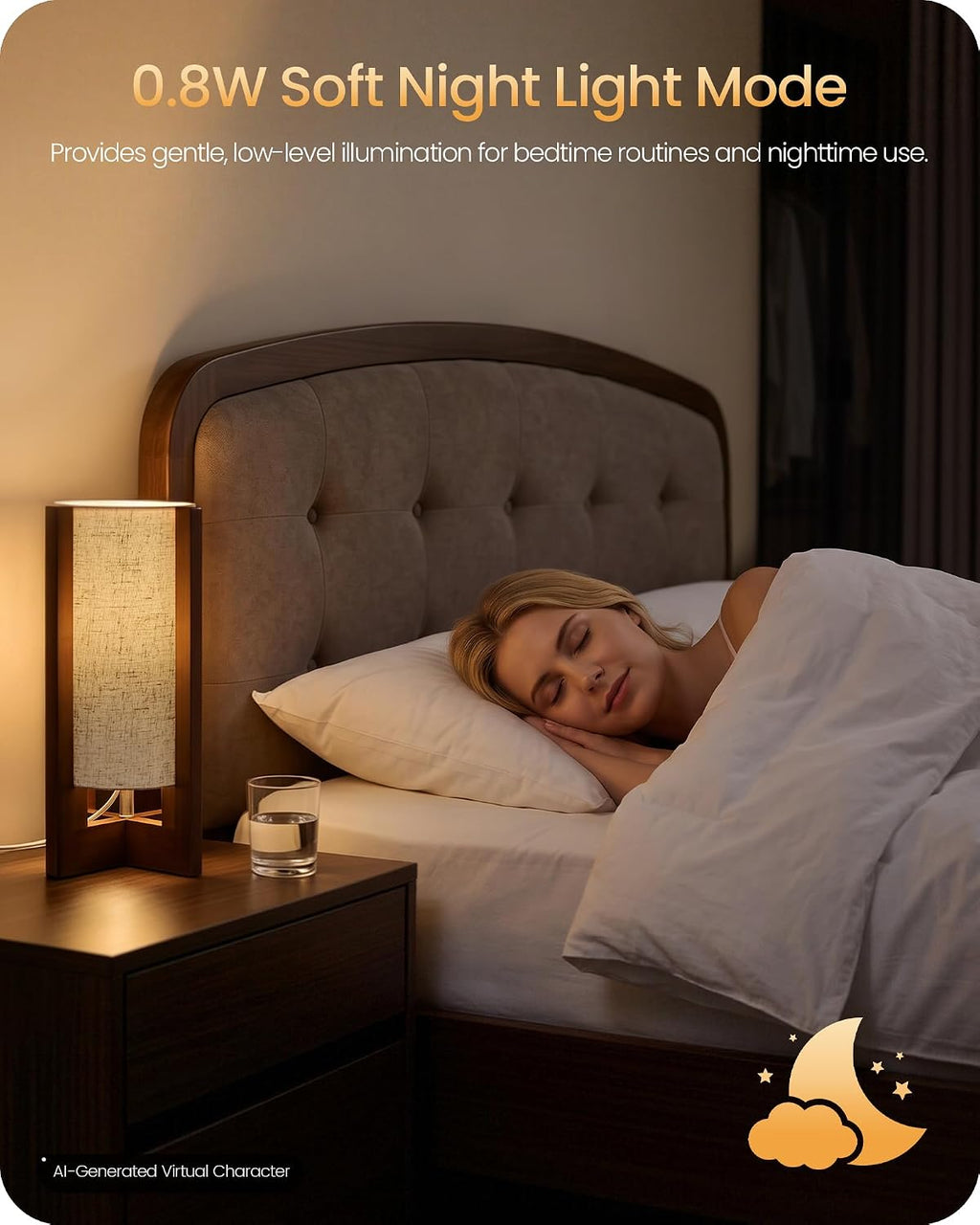 Small Bedside Lamp, 13.4" Modern Wood Table Lamp with LED Bulb