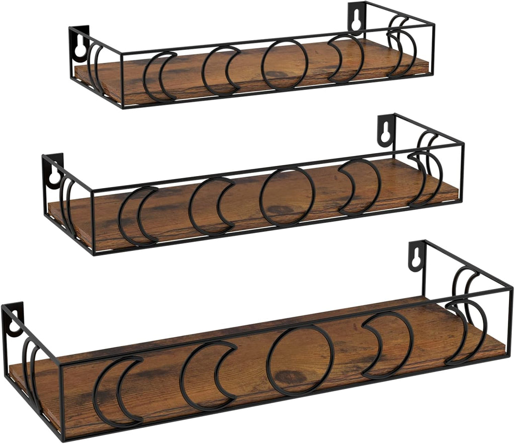 Moon Phase Wall Shelf, 3 Black Side Brown Base Floating Shelves