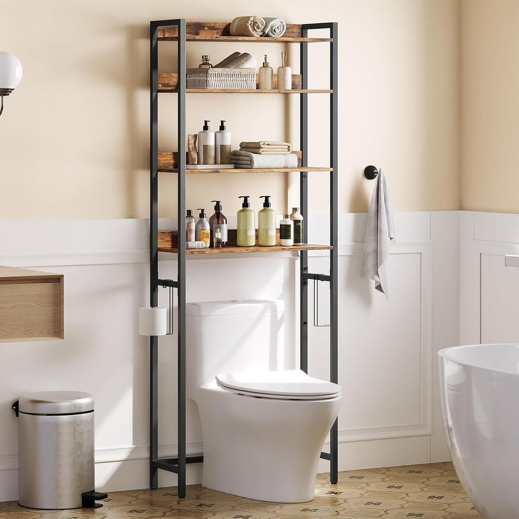 MAHANCRIS Over The Toilet Storage Rack, 4 Tier Bathroom Organizer Over Toilet, Freestanding Space Saver Toilet Stand with 2 Hooks, Bathroom Storage Shelf, Easy to Assemble, Rustic Brown TSHR0401Z