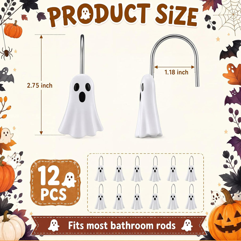Weysat 12 Pcs White Ghost Halloween Shower Curtain Hooks Bathroom Decor