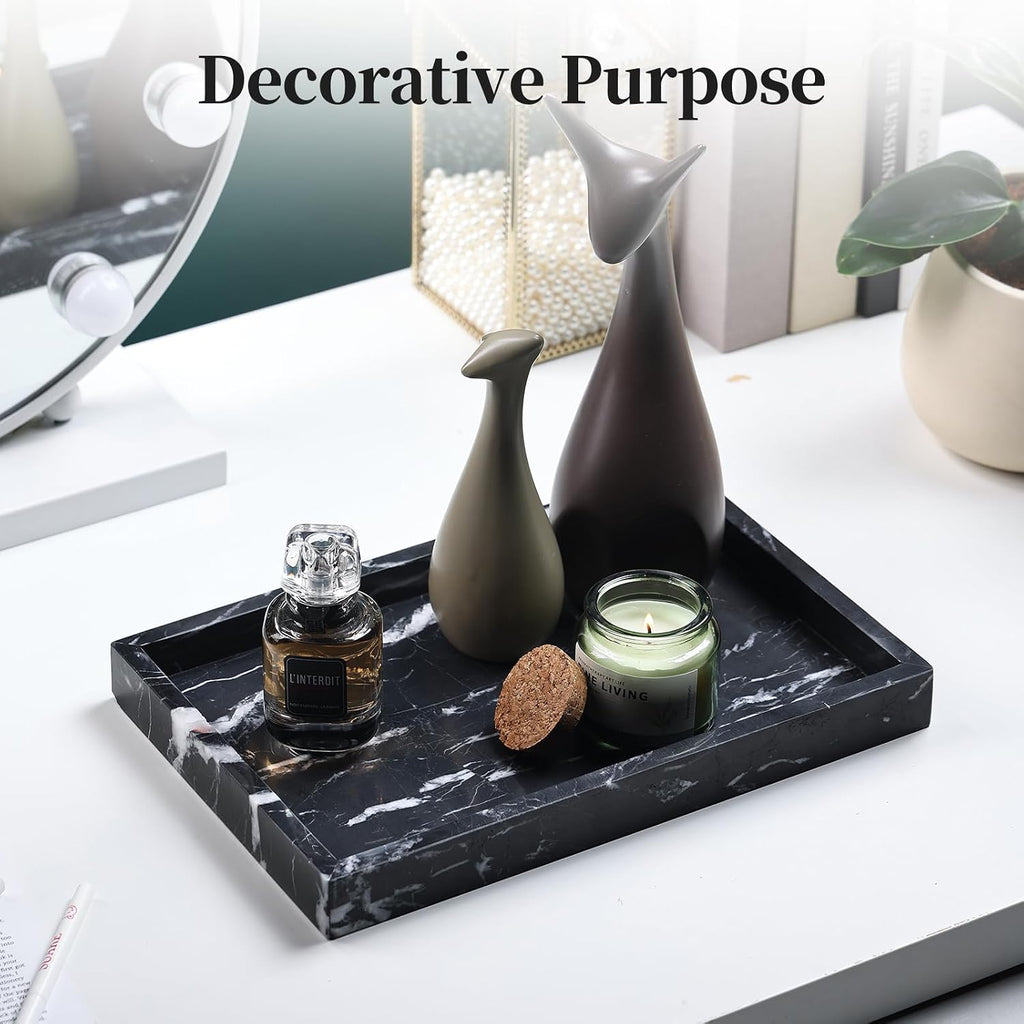 YMXYJM Real Natural Marble Tray for Bathroom, Genuine Marble Stone Vanity Tray, Luxury Storage Trays for Kitchen, Vanity, Home Decor, Dresser, Non-Resin/Non-Ceramic, 12"x 8"x 1.2", Black