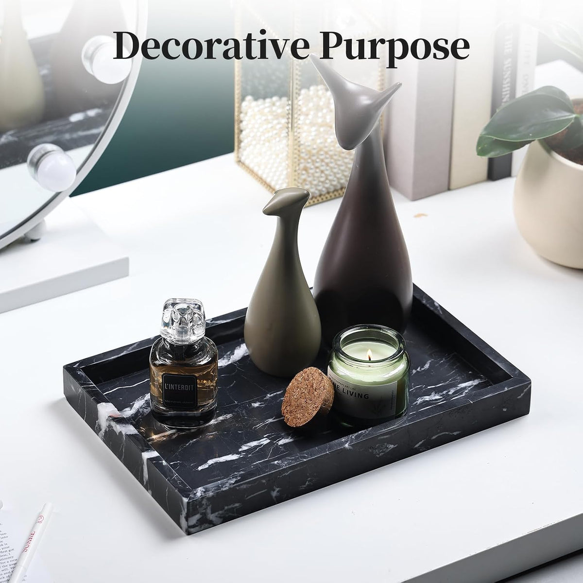 YMXYJM Real Natural Marble Tray for Bathroom, Genuine Marble Stone Vanity Tray, Luxury Storage Trays for Kitchen, Vanity, Home Decor, Dresser, Non-Resin/Non-Ceramic, 12"x 8"x 1.2", Black