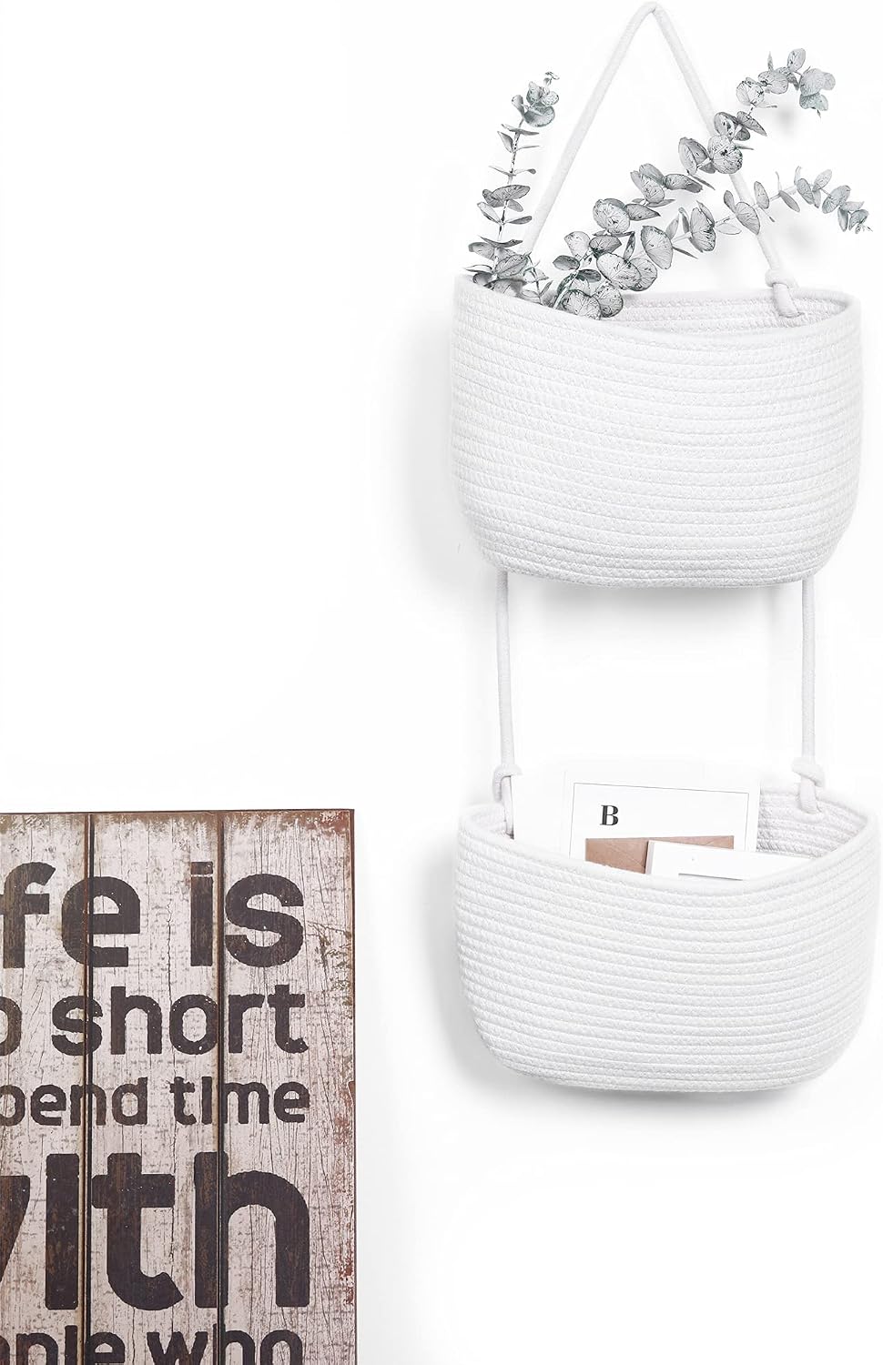 Over The Door Hanging Basket, 2 Tier Cotton Rope Woven Organizer