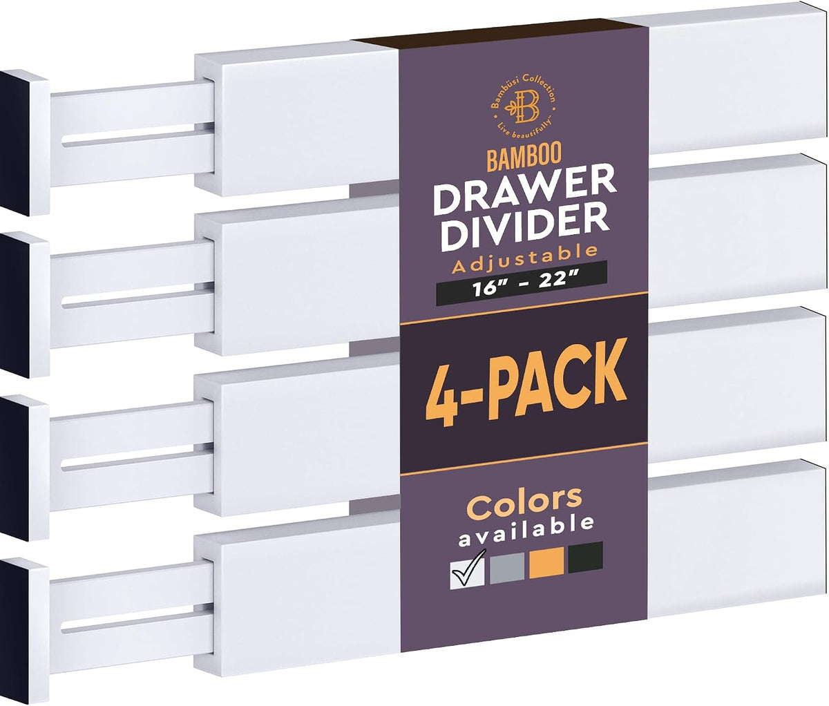 4-Pack Drawer Divider - 2.6" High, 16" to 22" Adjustable Bamboo Drawer Organizers for Clothes, Expandable Dresser Separators in Bedroom/Bathroom/Kitchen/Office Organization and Storage (White)