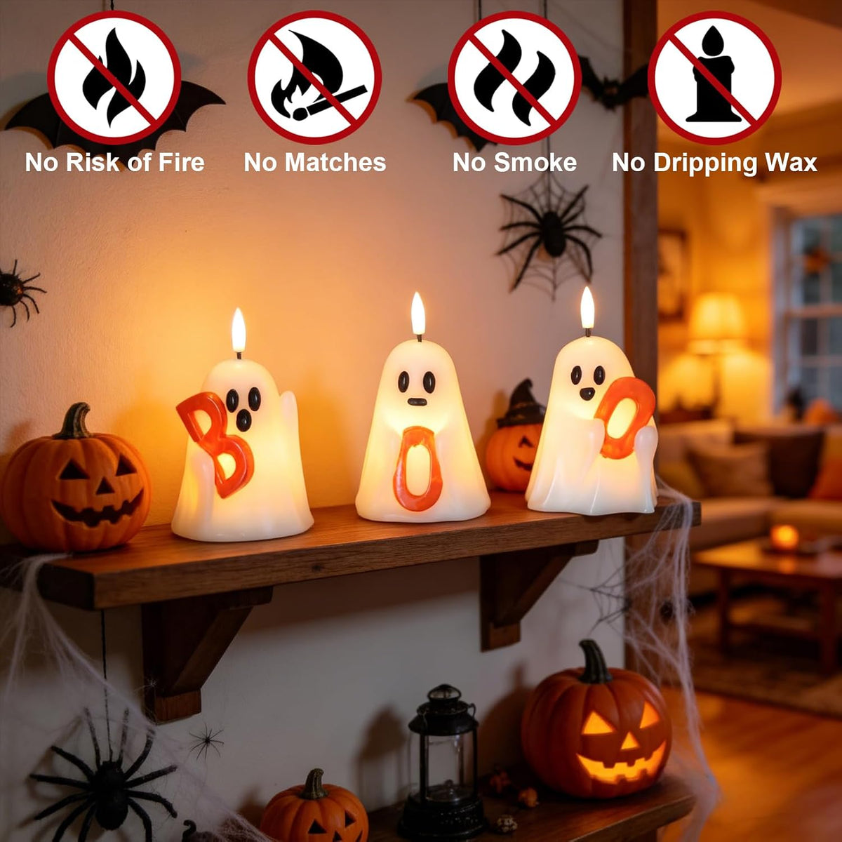 Halloween Ghost Flameless Candles with 6H Timer Hand-Painted Boo
