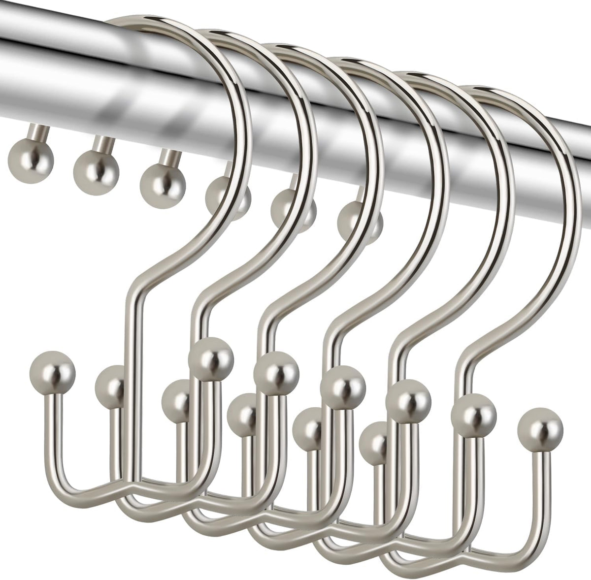 CHICTIE Nickel Shower Curtain Hooks, Double Shower Curtain Rings, Stainless Steel Shower Curtain Hooks Rings RustProof, Anti-Drop Shower Hooks Hangers for Shower Curtain Rods Bathroom (12 Pack)