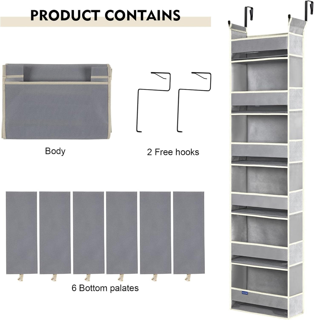 Over The Door Organizer 6-Shelves and 12 Side Pockets, Over The Door Storage for Bathroom Bedroom Nursery, Hanging Door Organizers for Baby Diapers and Kids Toys (13"x5"x54", Grey)
