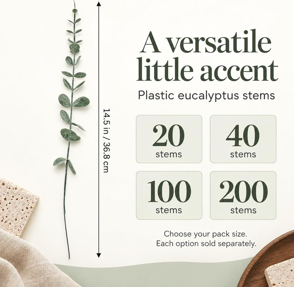 Fake Plants, 200Pcs Eucalyptus Stems Artificial Flowers, Fake Eucalyptus Leaves Stems, Plastic Grey Green Touch Leaf Branches for Home Office Flowers Bouquet Centerpiece Wedding Decoration