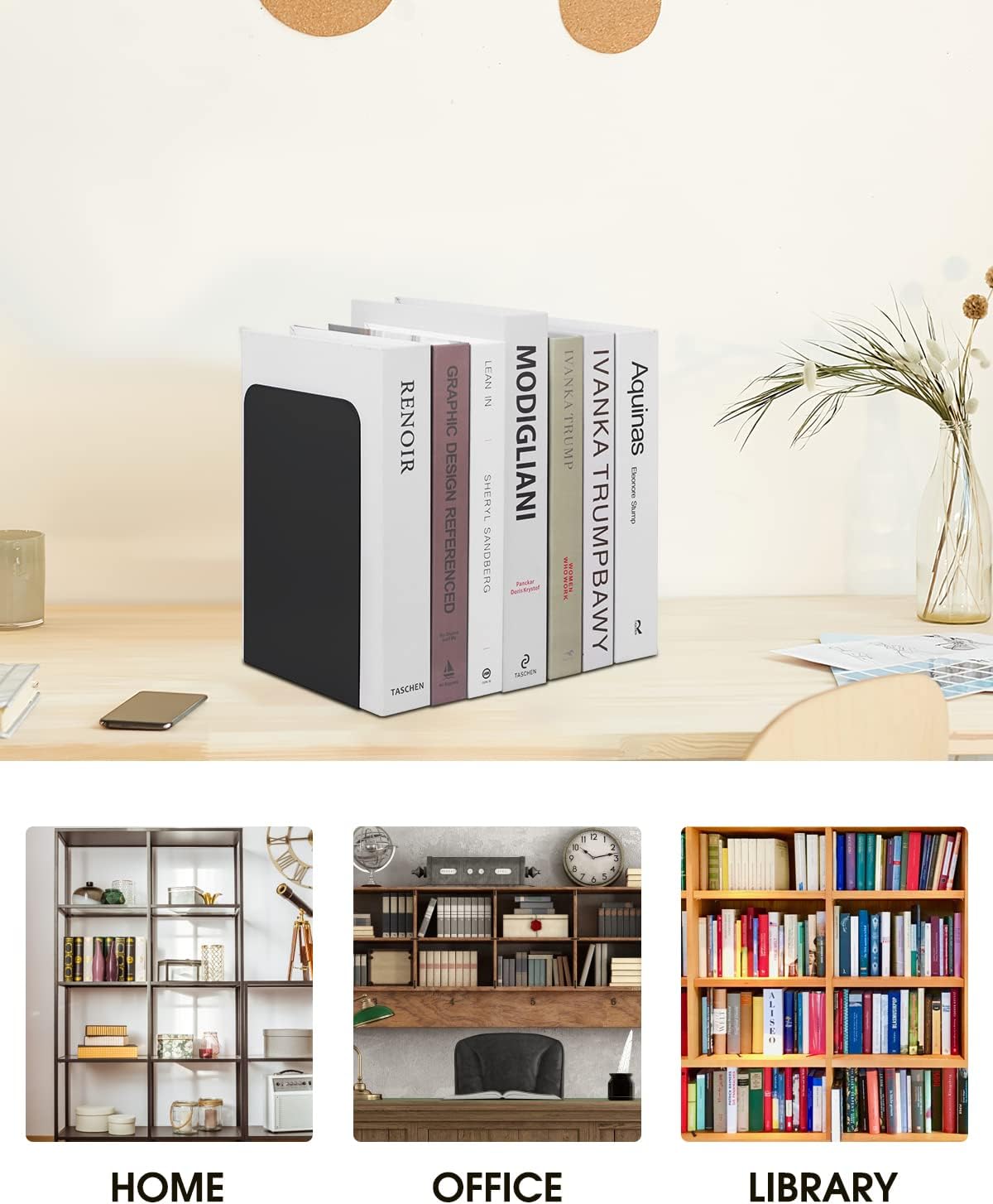 Honagu Book Ends, Bookends for Shelves, Home, Office, Metal Book Stopper for Books, Metal Bookend Supports, Modern Minimalist Style Decorative Bookend, White (1 Pair/2pcs)