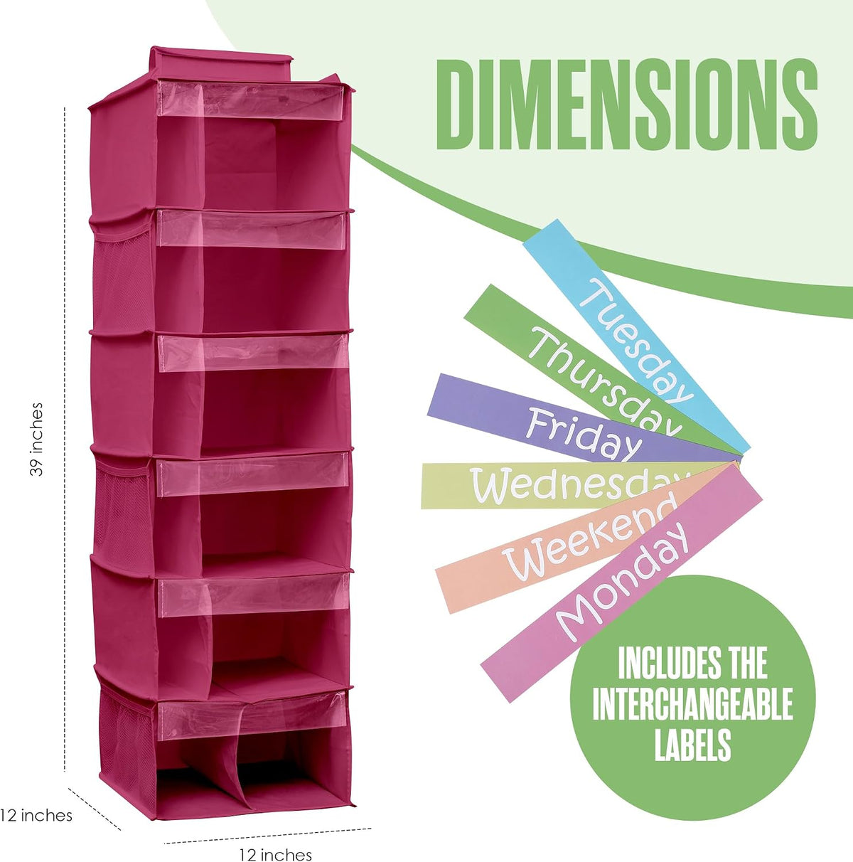 Kids Clothes Organizer, Weekly Clothes Organizer for Kids, Pink, 6 Shelf
