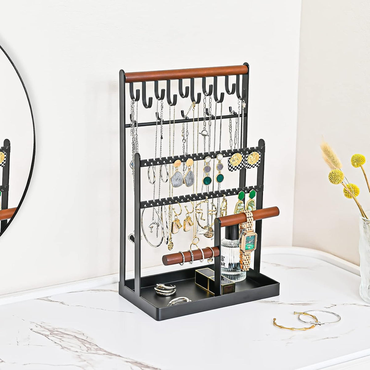 ProCase Jewelry Organizer Stand Necklace Organizer Earring Holder, 6 Tier Jewelry Stand Necklace Holder with 15 Hooks, Jewelry Tower Display Rack Storage Tree for Bracelets Earrings Rings -Black