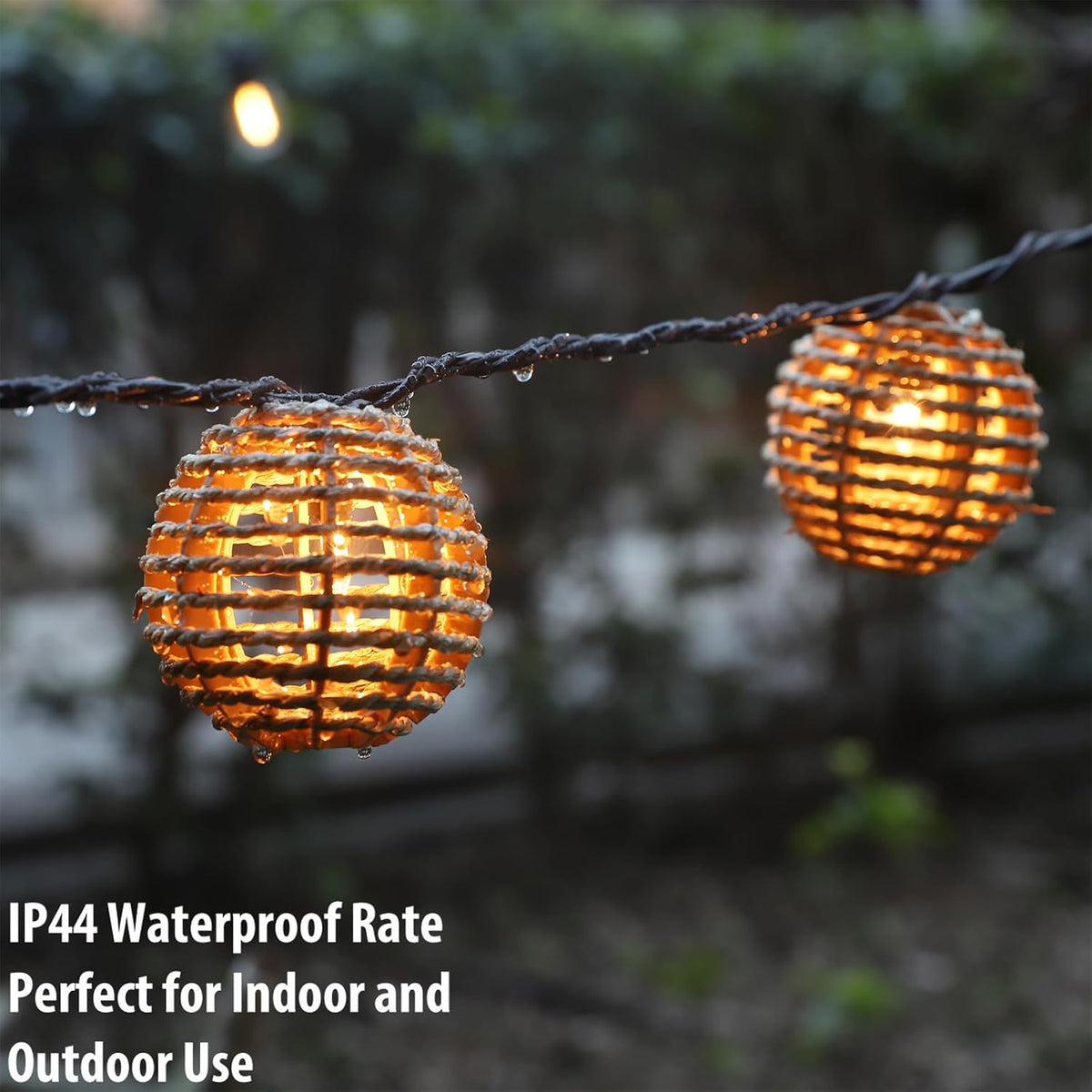 Decorative Outdoor Patio String Lights, Seagrass Rattan Wire Ball Style Lantern String Lights, Connectable Weatherproof Indoor Outdoor Globe Boho String Light for Home Pergola Garden Party Backyard