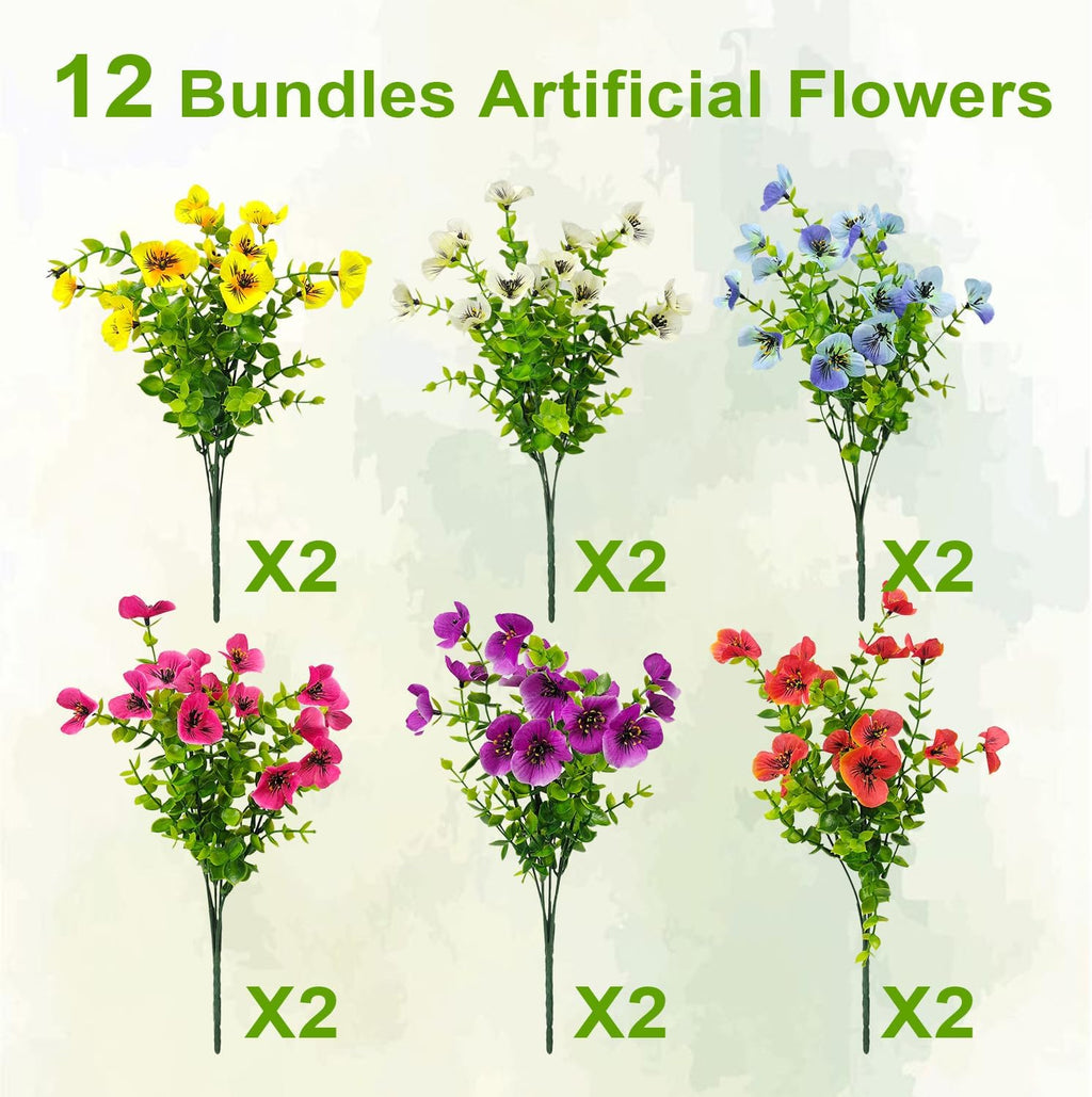 Pansies Artificial Flowers for Outdoors 12 Bundles Fake Silk Pansy Faux Plastic Plants UV Resistant for Home Outside Garden Planter Front Door Porch Yard Patio Decor (Mixed Color)