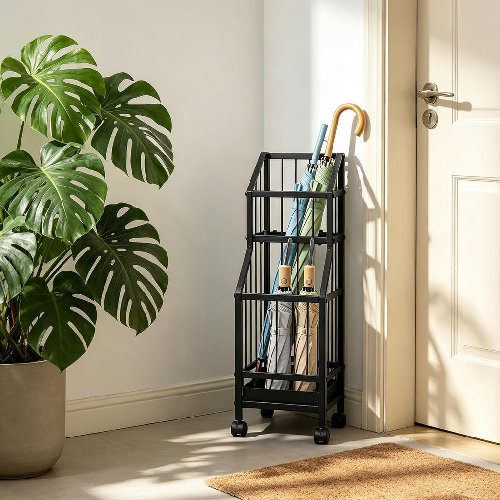 Umbrella Holder for Entryway, Umbrella Storage Stand with Removable Drip Tray & 4 Wheels, Holds 6-8 Umbrellas, 26 Inch Tall Metal Umbrella Rack for Indoor Home Office