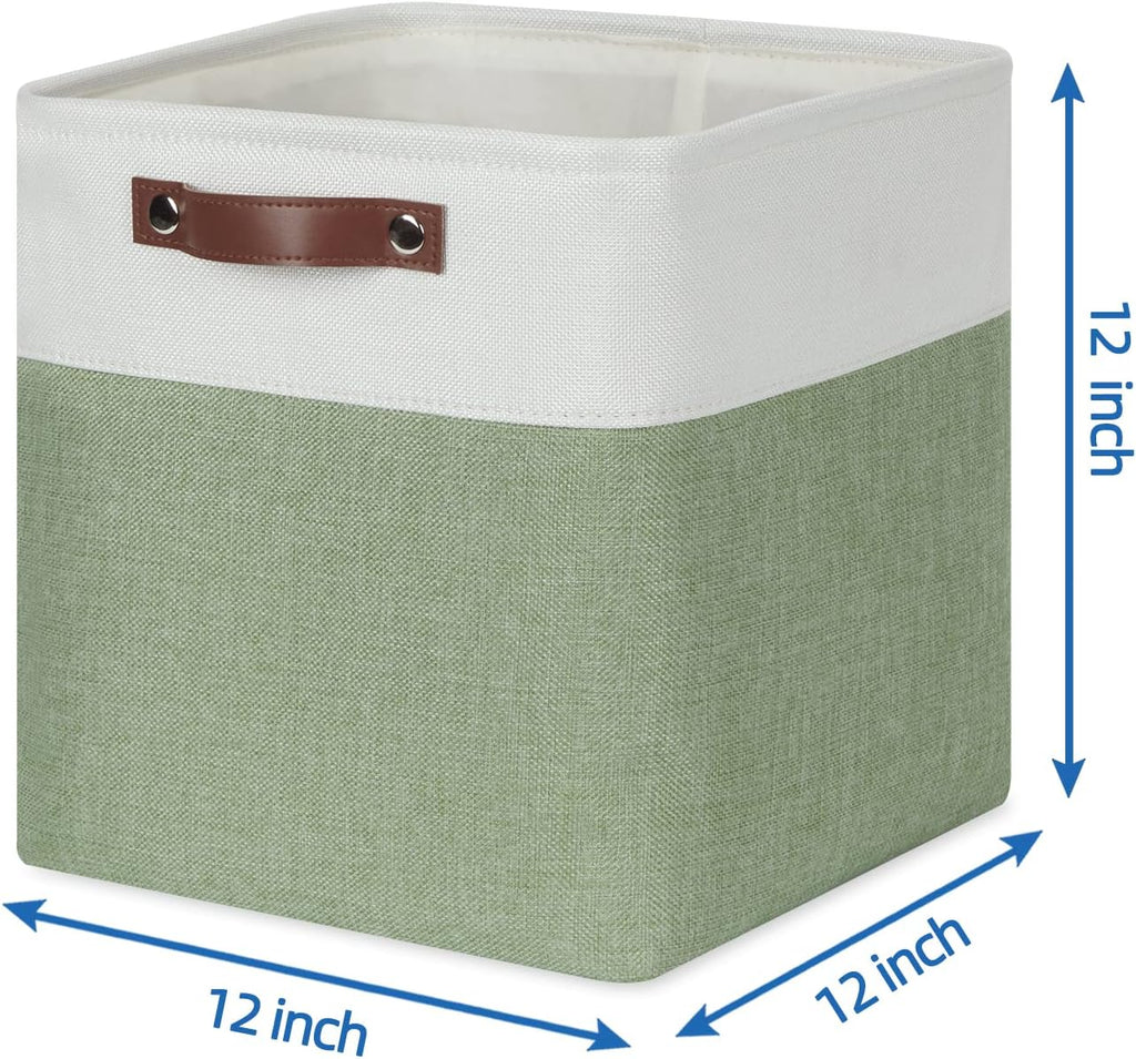 Temary Fabric Storage Bins for Organizing Clothes, Closet Baskets with Handles - Decorative Storage Boxes for Home (White & Green, 12 Inch, 4 Pack)
