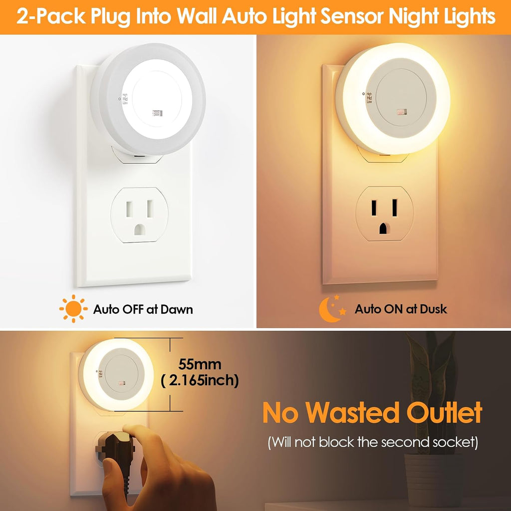 2-Pack LED Night Lights Plug in Dimmable, Dusk to Dawn Sensor 2700K