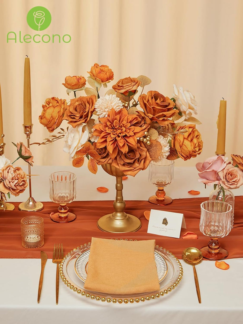 Alecono Orange Artificial Flowers, Silk Fake Fall Floral Set