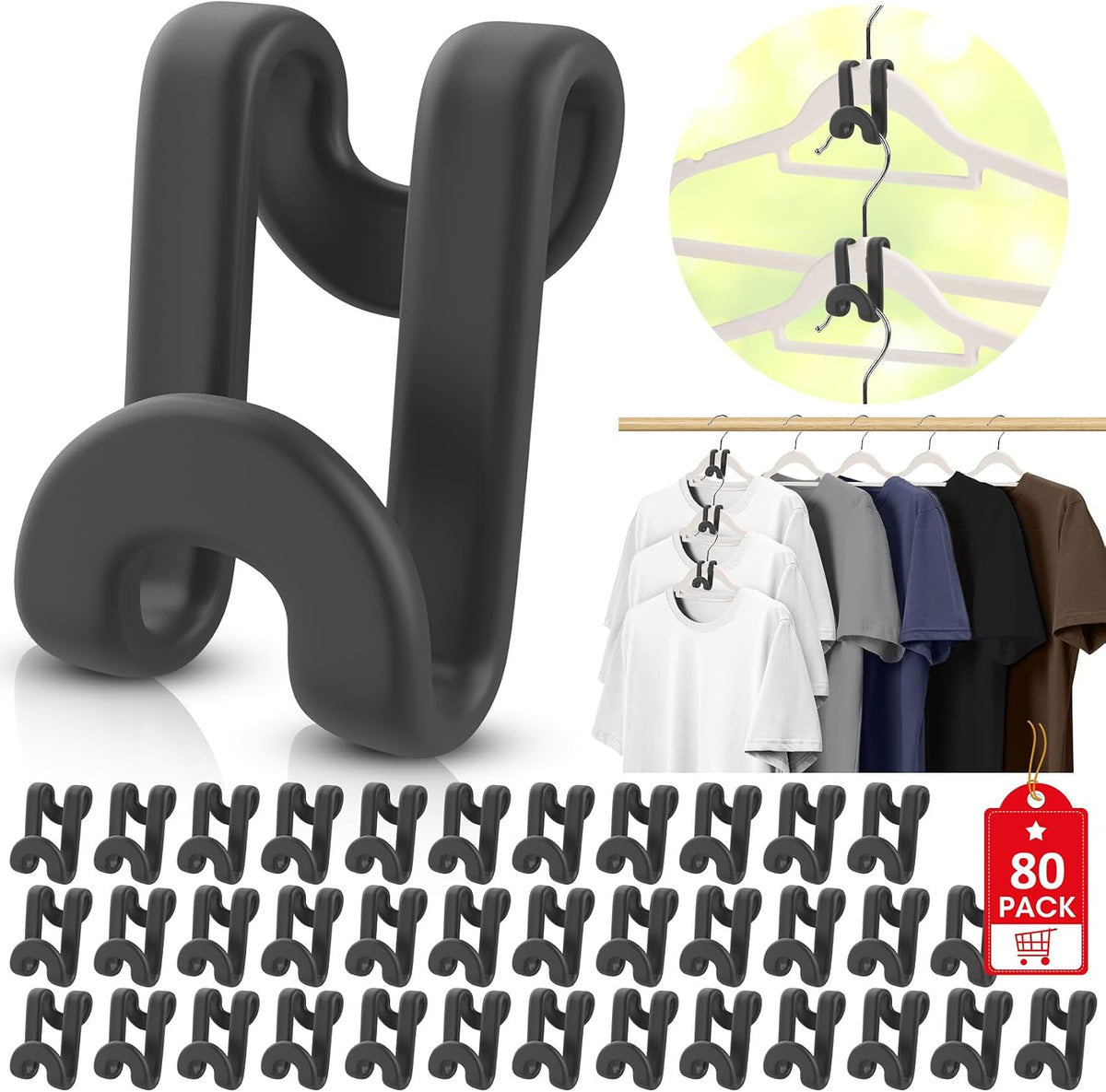 80Pcs Space Saving Hanger Hooks, Plastic Hanger Connector Hooks Black