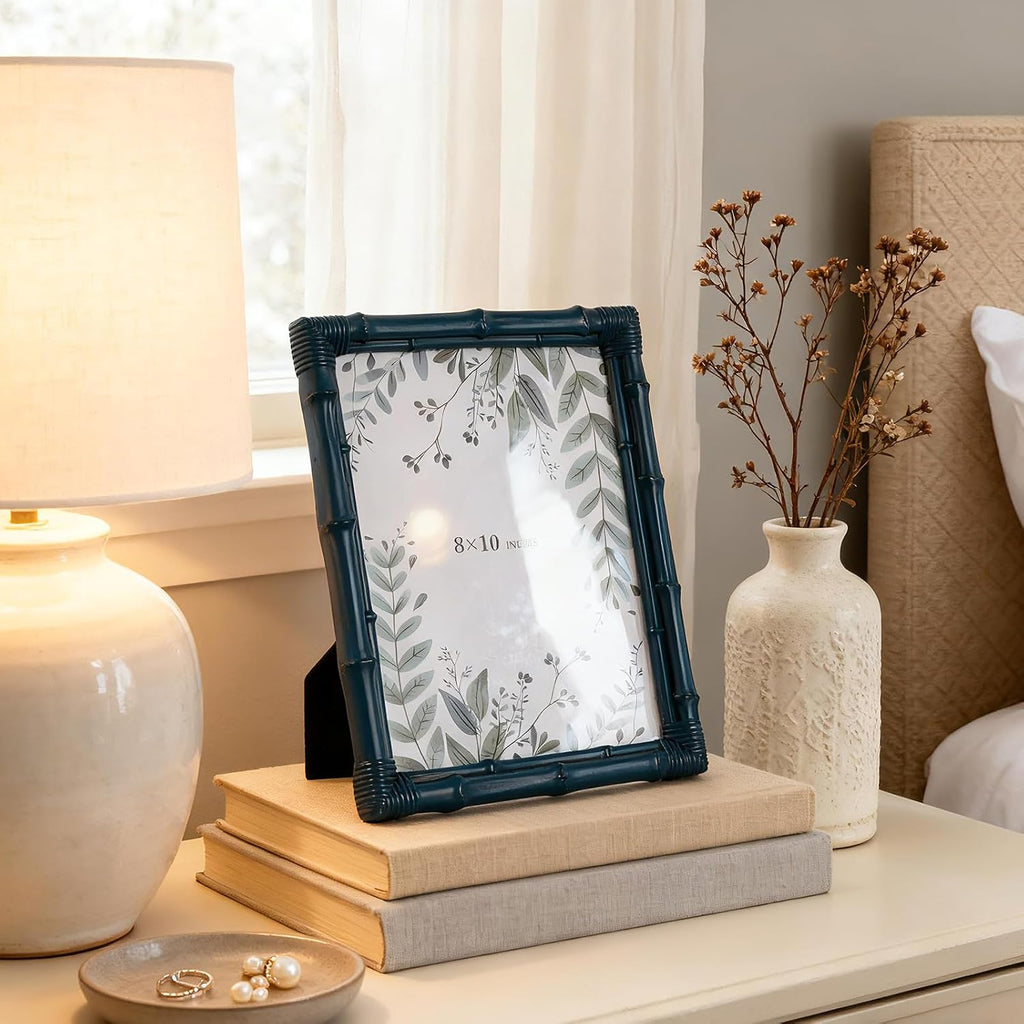 8x10 Picture Frame, 8x10 Bamboo Photo Frame Coastal Bohemian Decorative Frame for Tabletop and Wall Display Holiday Gift for Entry Shelf, Bedroom Dresser Display Nightstand Mantel, Ultramarine