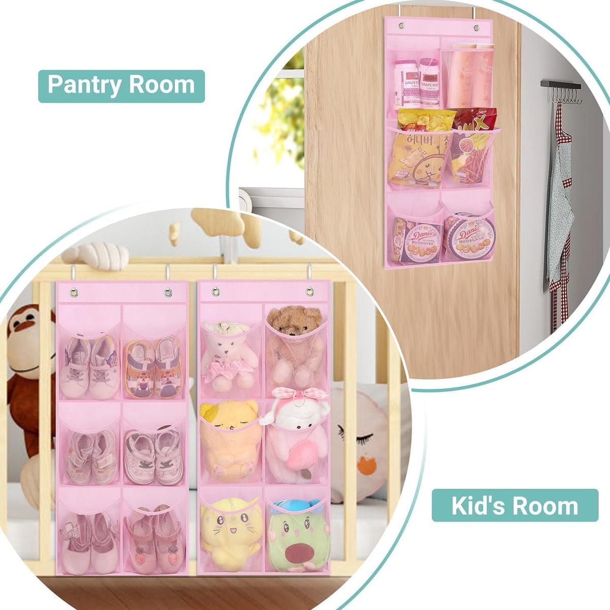 KIMBORA 2 Packs Narrow Kids Over the Door/Wall Shoe Organizer Small Baby Hanging Shoe Rack for Closet with Clear Mesh Pocket Shoe Storage for Toddler Girl Bedroom, Bathroom, RV, Pantry, Camping (Pink)
