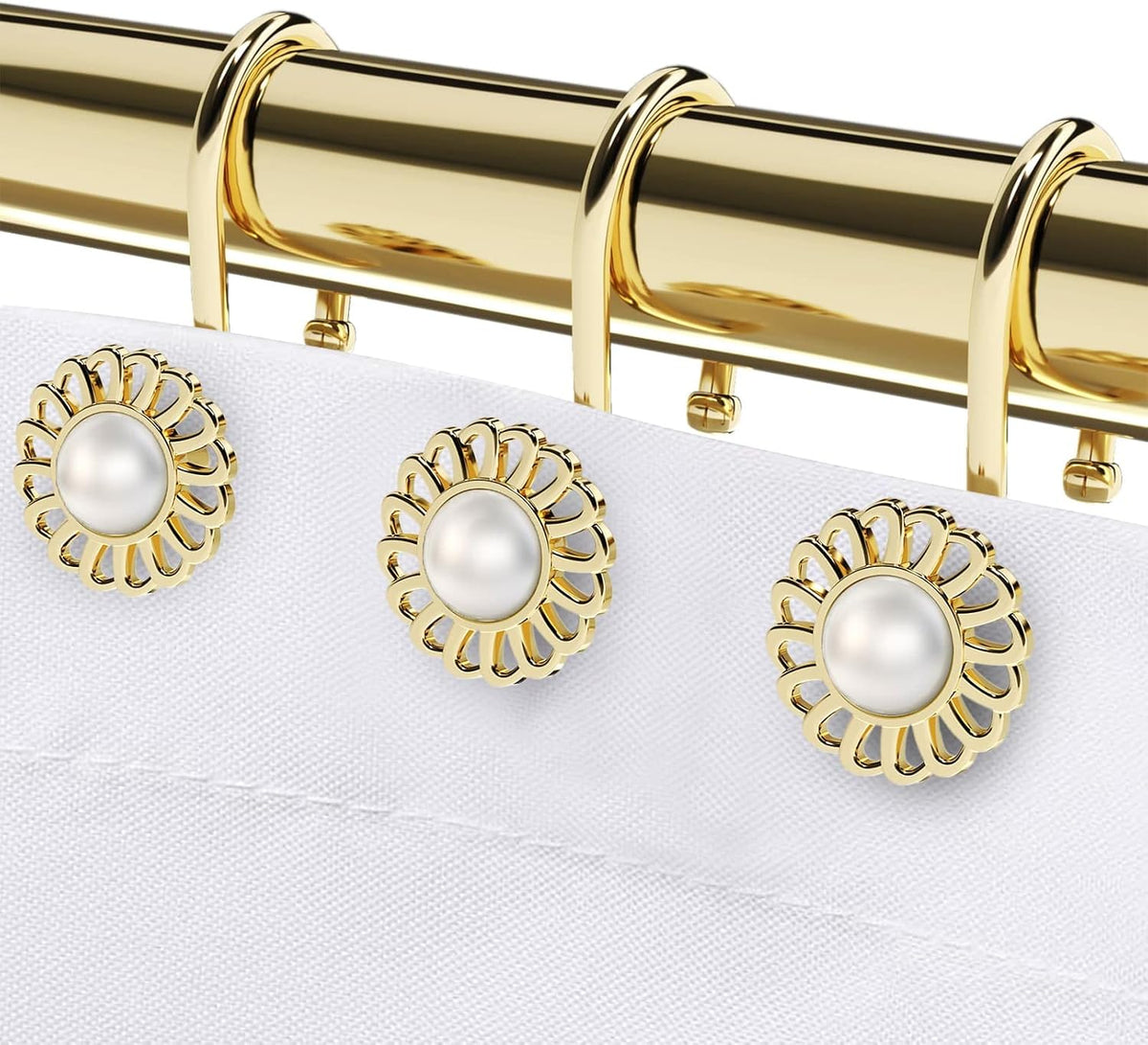 Gold Shower Curtain Hooks Rings, Decorative Shower Curtain Hangers, Heavy Duty Metal Shower Rings, Sunflower Shower Hooks for Shower Curtain Rod and Liner, Bathroom Curtain Hooks, Luxury Gold, iToplin