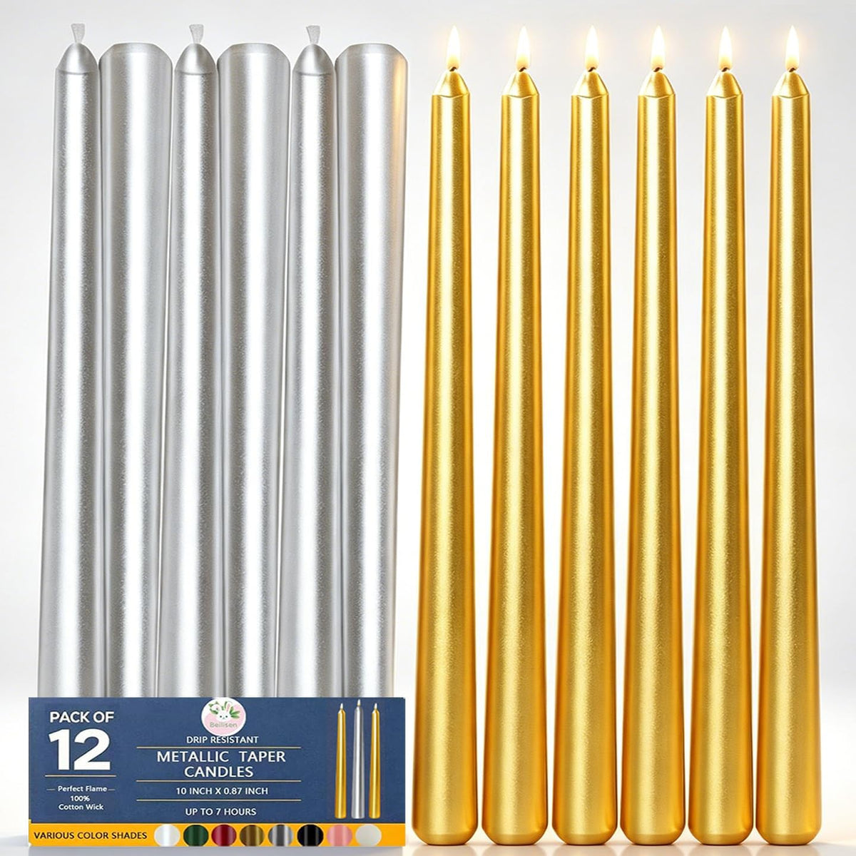 10 Inch Metallic Taper Candles, 6 Gold and 6 Silver Candlesticks