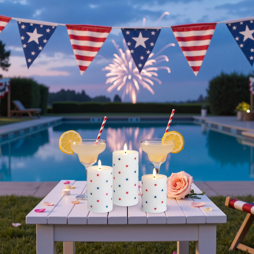 Flameless LED Candles, 3 Patriotic Americana Pillar Candles, Timer, Remote Ready, Stars Design for July 4th Memorial Day