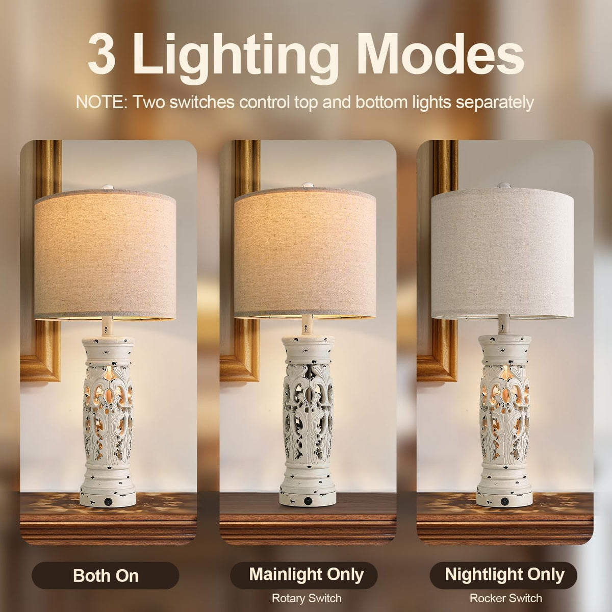 27.25" Farmhouse Lamp with Night Light, Rustic Table Lamps Set of 2, White