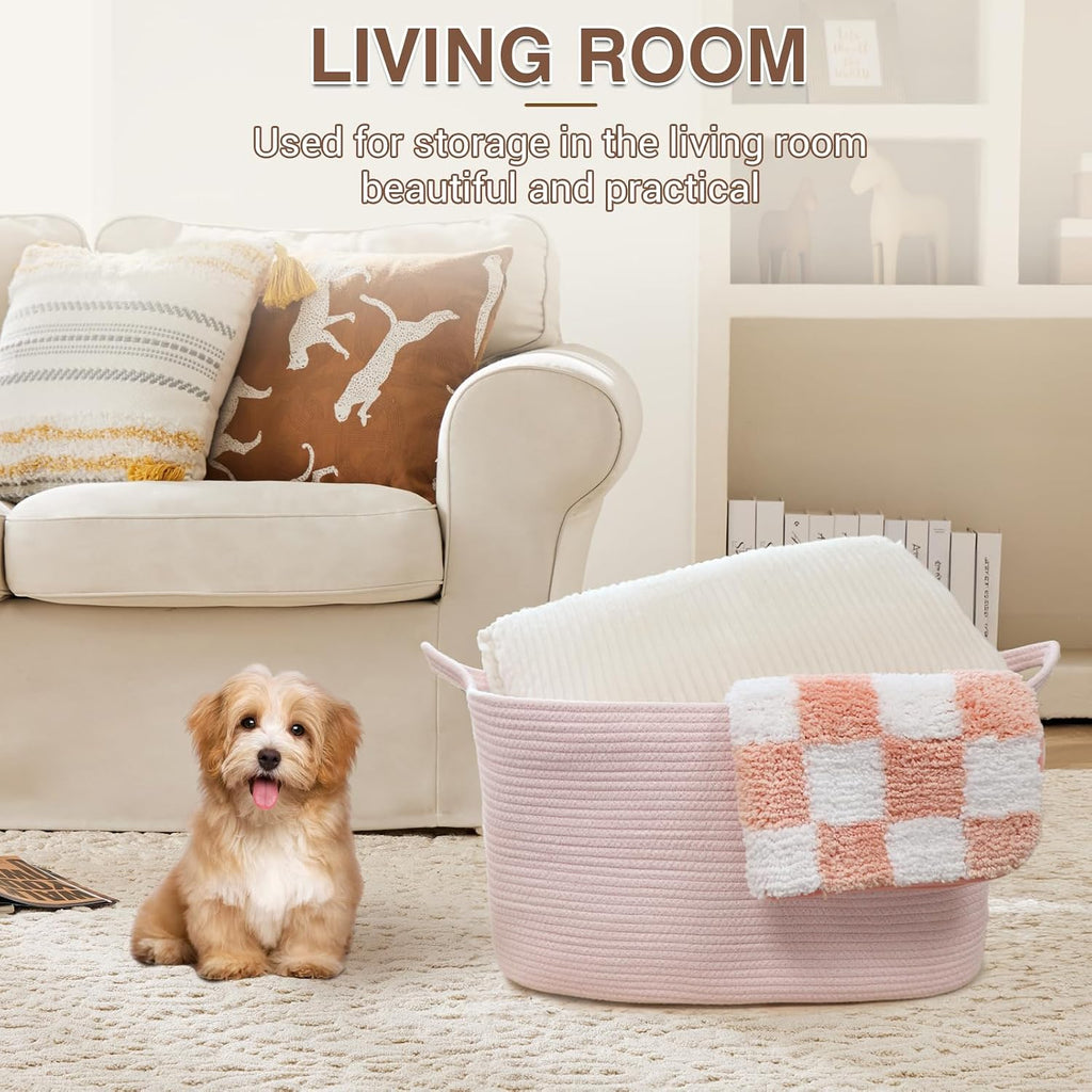 YOUDENOVA Large Blanket Basket, Rectangle Cotton Rope Storage Basket, Pink