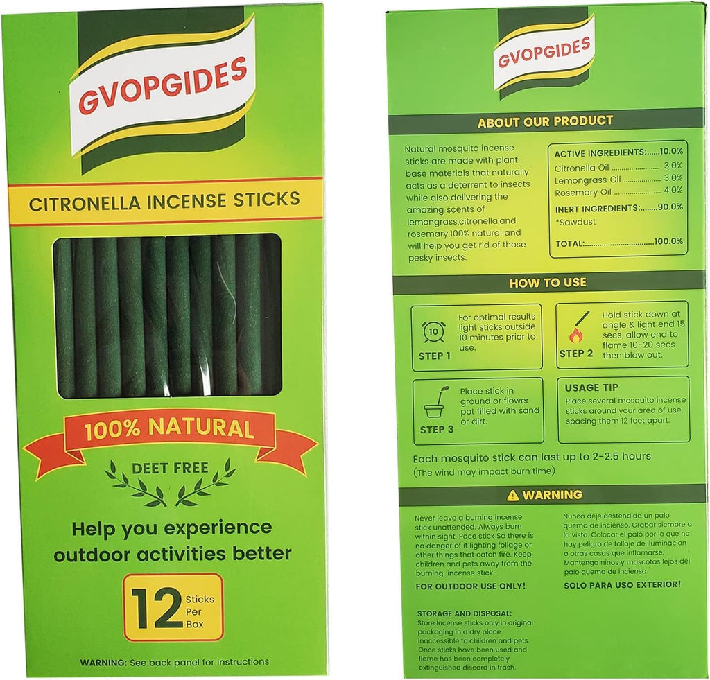 Large Citronella Incense Sticks 12 Pieces per Box, Made from Natural Plants, Suitable for Outdoors, by The Pool, in The Yard