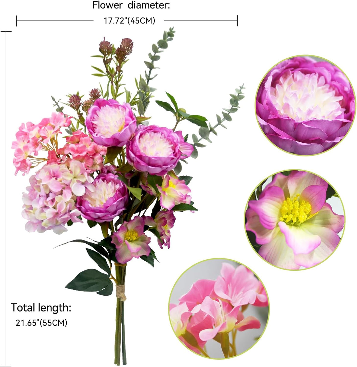 Artificial Flowers Bouquet – Fake Silk Hydrangea Peony and Eucalyptus Mix, Faux Flower Arrangements for Home, Office Decor and Dining Table Centerpieces (Pink &Magenta)