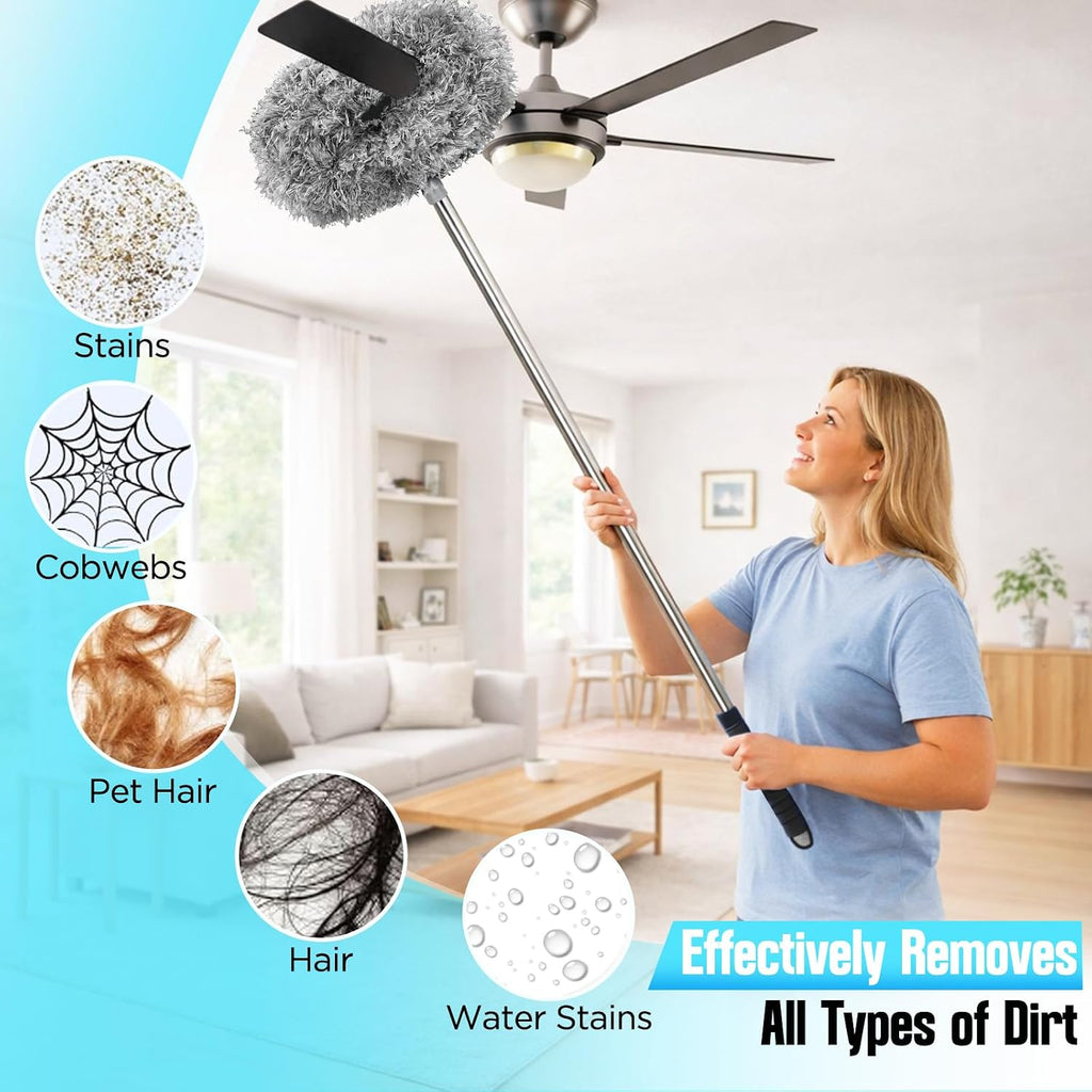 Ceiling Fan Cleaner Duster with Extension Pole, 12 to 51 Inch Duster Length, Reusable Microfiber Dusters for Cleaning Fan Blades, Cobwebs, Walls, Windows & High Ceilings, Removable, Blue